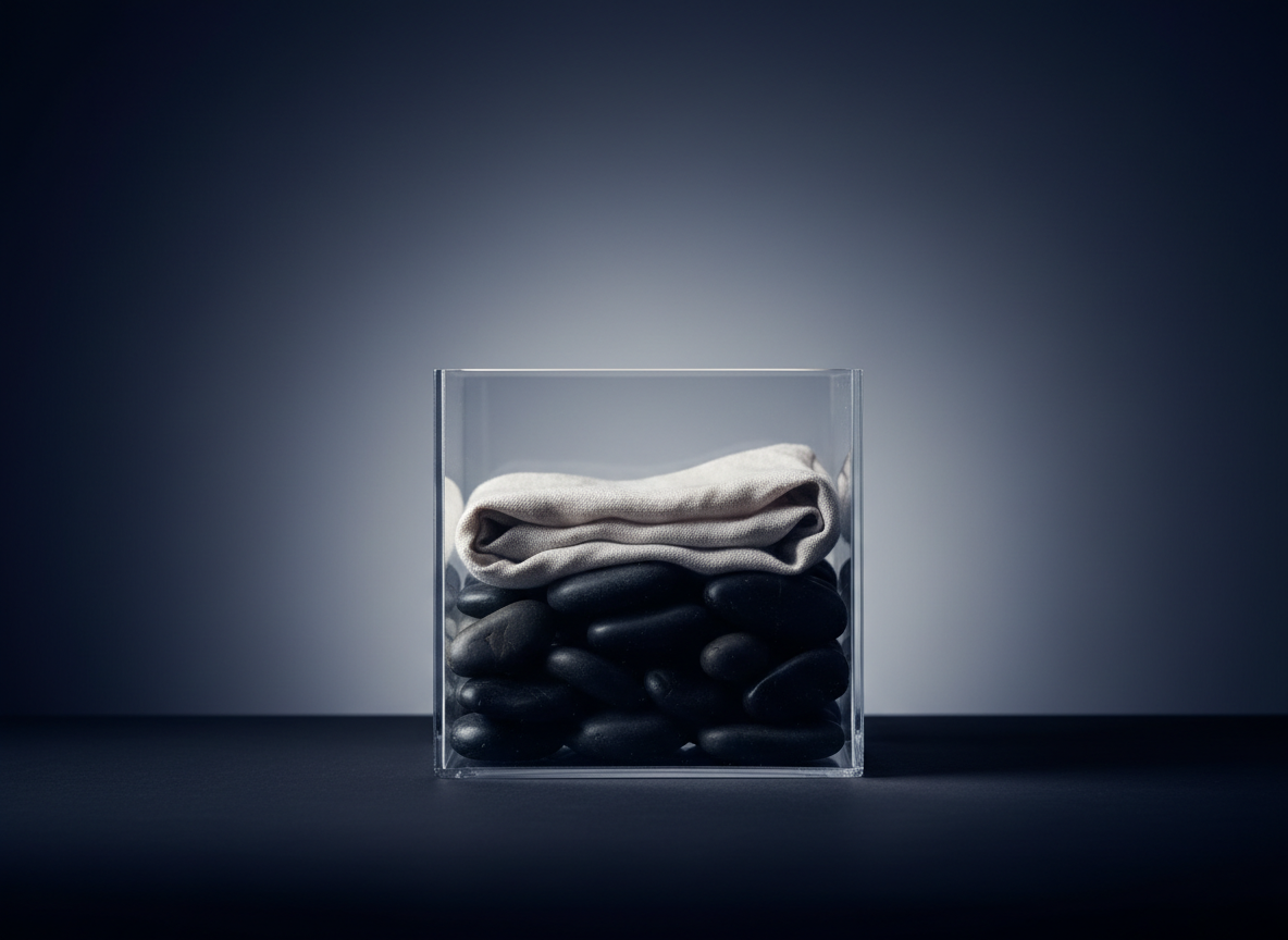 A symbolic still life representing the inner world explored in psychotherapy: a transparent glass cube partially filled with smooth, dark river stones and a single, delicately folded, pale linen cloth resting atop them, suggesting vulnerability and containment. The cube sits on a matte black surface in a minimalist studio setting. A subtle gradient background shifts from deep indigo at the edges to soft grey near the center. A narrow beam of side lighting creates dramatic highlights along the glass edges and soft reflections on the stones, while the rest of the scene remains gently shadowed. Photographic realism with a centered, symmetrical composition and shallow depth of field, conveying a contemplative, sophisticated mood that aligns with advanced psychological exploration and reflective learning.