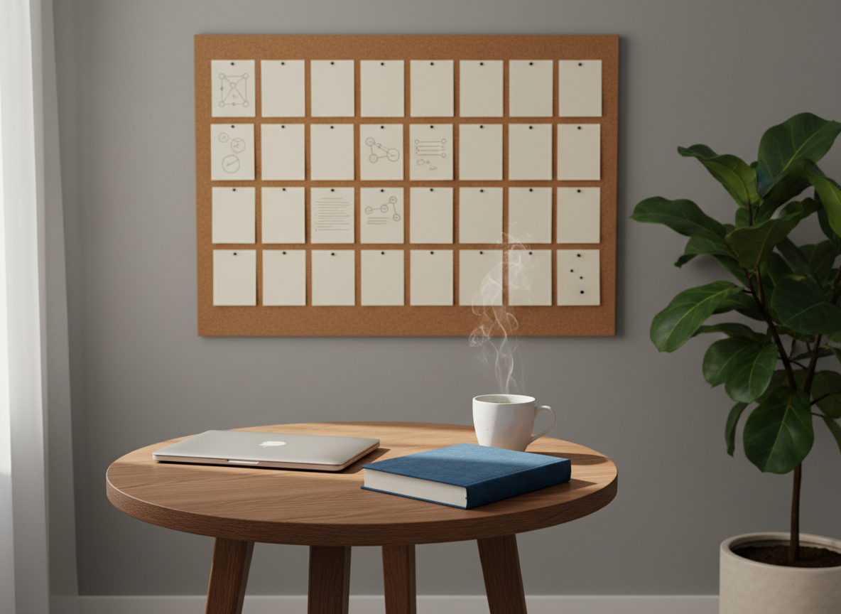 An elegant supervision corner designed for early-career therapists: a compact round table in dark stained oak holds a closed laptop, a thick, cloth-bound supervision journal, and a simple white porcelain cup with herbal tea, faint steam rising. Behind the table, a tall corkboard displays neatly arranged, text-free index cards and minimal diagrams made of connected lines and circles, hinting at case formulations without explicit content. The space is framed by soft grey walls and a single large plant in a ceramic pot. Late-morning natural light streams in from an unseen window, creating a gentle, focused pool of brightness on the table. Photographic realism with eye-level framing and modest depth of field, evoking a calm, reflective atmosphere of guided professional growth in psychotherapy.