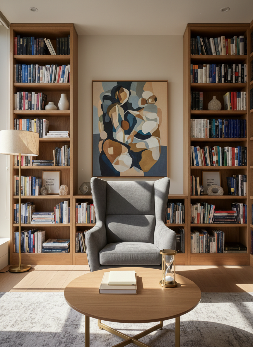 An inviting psychotherapy teaching space centered on an empty, high-backed armchair upholstered in textured charcoal fabric, facing a low oak coffee table with neatly stacked blank notepads and a simple sand timer. On the wall behind, abstract artwork in muted blues and warm neutrals subtly evokes human connection without depicting figures. The room is framed by built-in bookcases filled with psychology volumes and discrete decorative objects. Late-afternoon natural light pours in from a side window, complemented by a single warm floor lamp, creating layered, soft shadows. Photographic realism with a slightly wide lens at eye level, capturing the entire room with sharp detail, conveying a sophisticated, contemplative environment ideal for learning therapeutic presence and clinical listening.