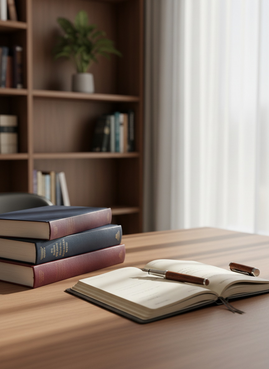 A meticulously arranged psychotherapy study desk with a stack of hardbound psychology texts in deep navy and burgundy cloth covers, each subtly embossed without visible titles. A leather-bound notebook lies open with an elegant fountain pen resting diagonally across its cream pages, the ink glistening faintly. The desk is a smooth, warm walnut surface beside a large window in a quiet academic office. Soft morning light filters through sheer curtains, casting gentle, elongated shadows and a calm glow over the scene. In the softly blurred background, tall bookshelves and a single leafy plant suggest a sophisticated learning space. Photographic realism at eye level, with shallow depth of field emphasizing the tools of study and the atmosphere of focused, professional development in psychotherapy.