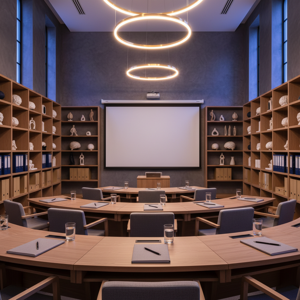 A refined training room designed for psychotherapy workshops, viewed from the back toward a large, blank projection screen centered on a charcoal-grey wall. Semi-circular rows of minimalist chairs are replaced by understated wooden writing surfaces, each holding a closed notebook and a glass of water, suggesting attentive participation without showing people. Side walls feature slim bookshelves with psychology-related objects: brain-shaped sculptures, neutral-toned abstract figures, and closed folders. Warm pendant lights hang from the ceiling, casting a soft, golden ambient glow that mixes with subdued evening light from high windows. Photographic realism with a slightly elevated angle, capturing the full space in sharp focus. The mood is sophisticated, organized, and quietly energizing, ideal for professional development in psychotherapy theory and technique.
